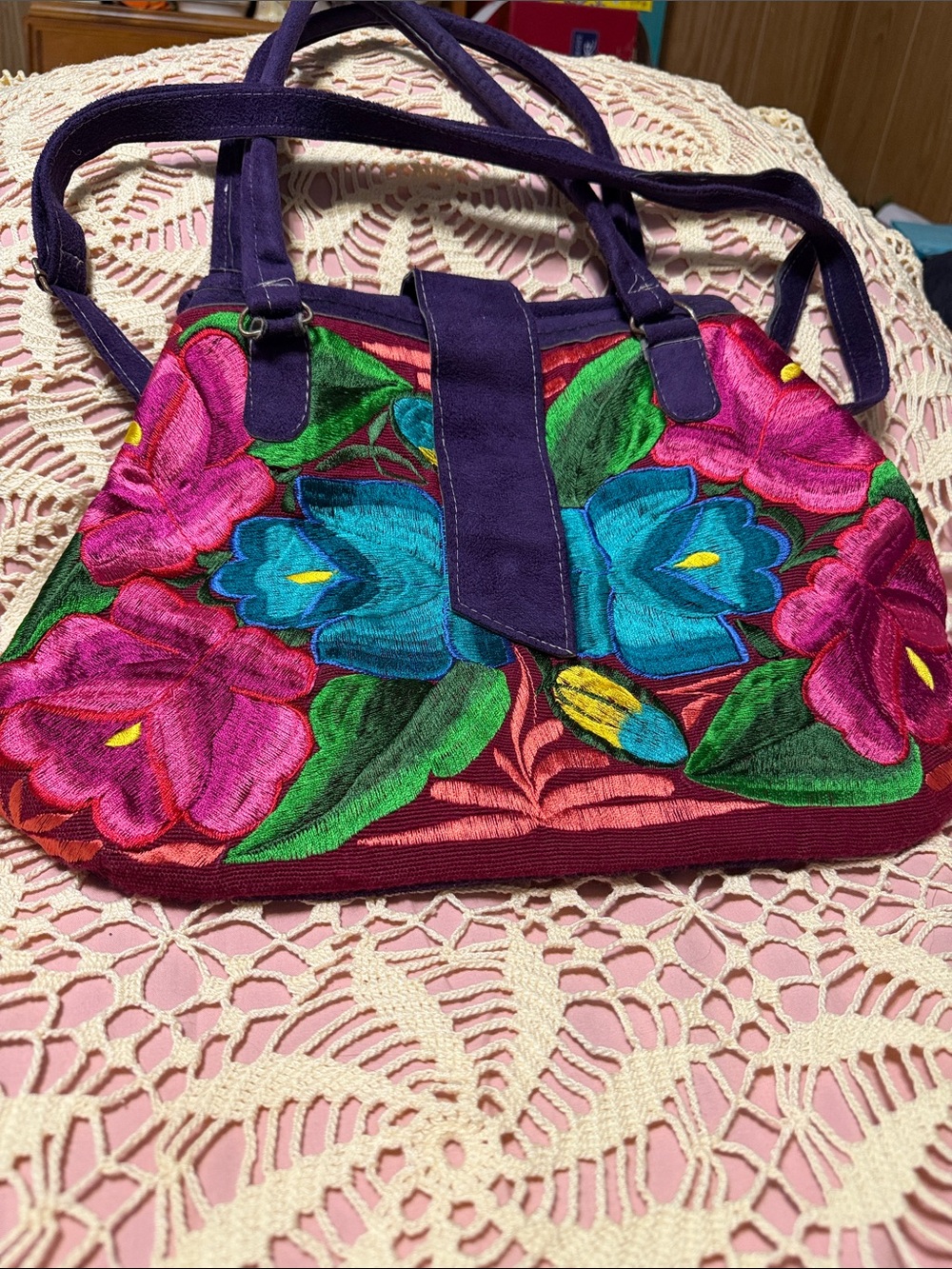 Embroidered Floral Tote Bag - Purple & Multicolor